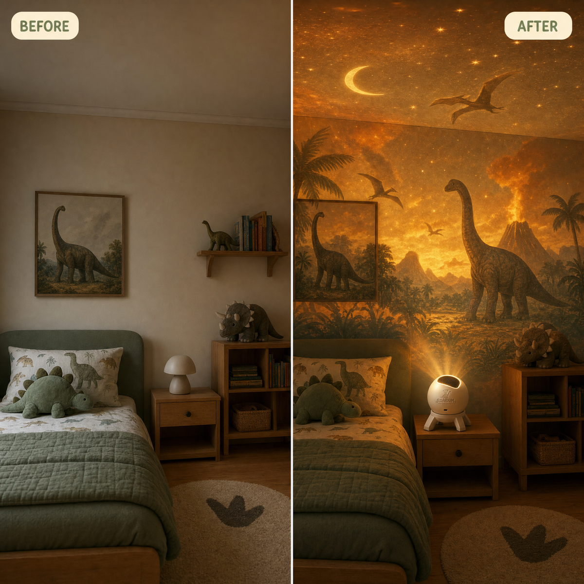 Before and after: plain bedroom vs ROARIUM dino projection