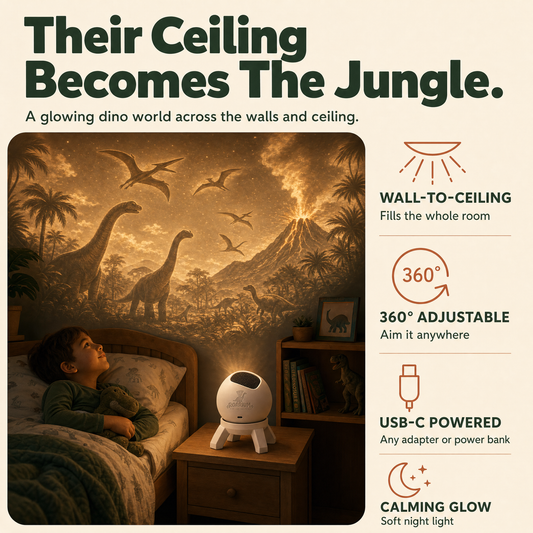 ROARIUM key features: wall-to-ceiling, 360 adjustable, USB-C powered, calming glow