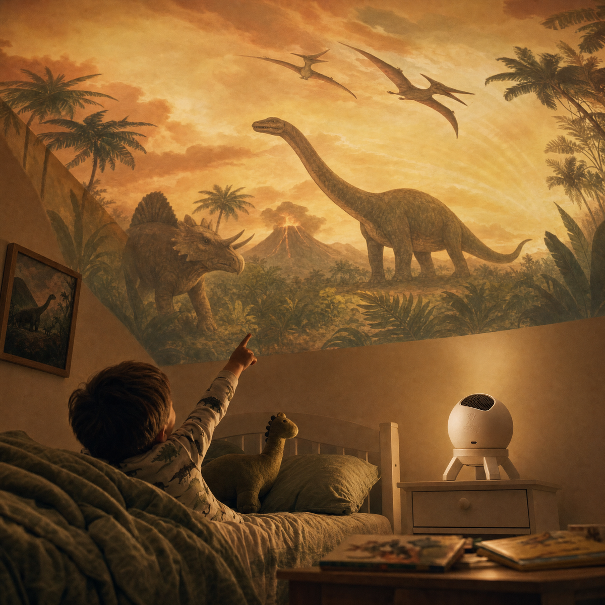 Kids bedroom lit by ROARIUM dino projection